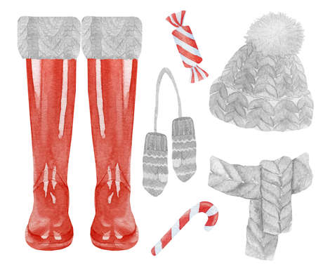 watercolor red christmas wellies. Xmas red rain boots, holiday welly boots with santa claus hat. Watercolor red shoes.の写真素材