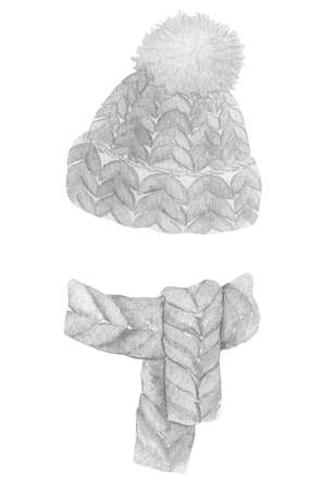 Watercolor illustration of white knittet set with hat, scarf and mittens.の写真素材