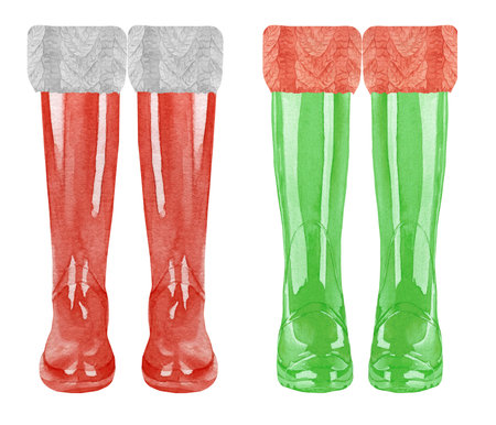 watercolor red christmas wellies. Xmas red rain boots, holiday welly boots with santa claus hat. Watercolor red shoes.の写真素材