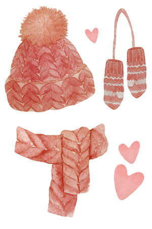 Watercolor illustration of red knittet set with hat, scarf and mittens.の写真素材