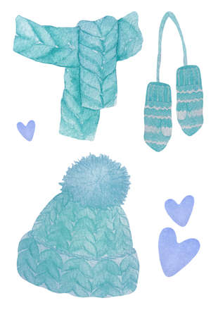 Watercolor illustration of blue knittet set with hat, scarf and mittens.の写真素材
