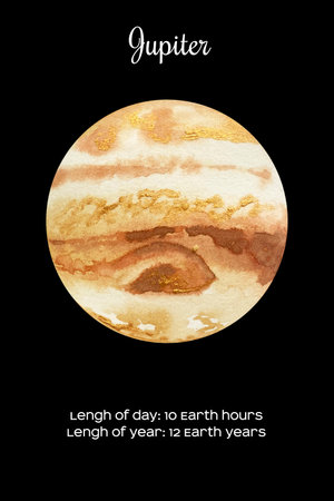 Watercolor planet Jupiter isolated on dark black backgroundの写真素材