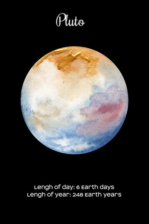 Watercolor planet Pluto isolated on dark black backgroundの写真素材