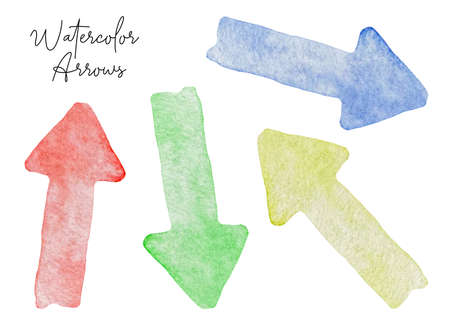 Watercolor illustration of rainbow arrows red, blue, green and yellow isolated on a white backgroundの写真素材