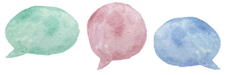 Watercolor illustration of colorful speech and thought communication bubbles isolated on whiteの写真素材