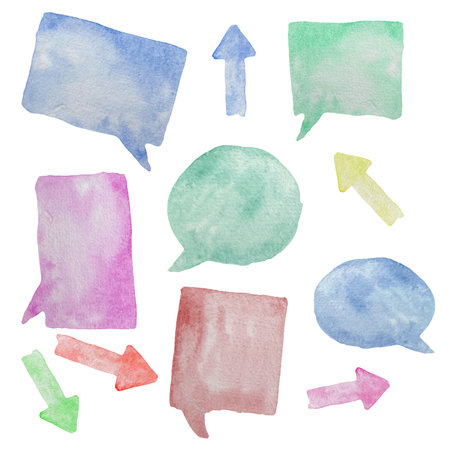 Watercolor illustration of colorful speech and thought communication bubbles isolated on whiteの写真素材