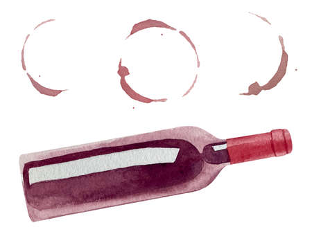 Watercolor bottle of wine with realistic red wine glass rings isolated on a whiteの写真素材