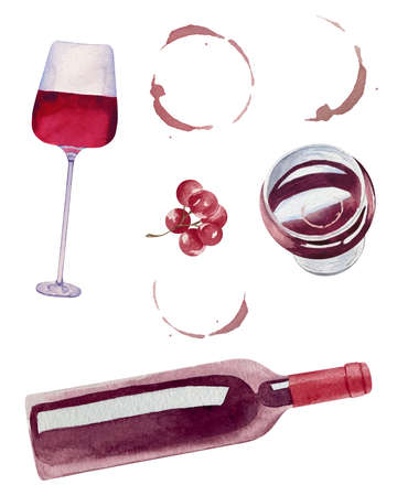 Watercolor glass and bottle of wine with realistic red wine glass rings isolated on a whiteの写真素材