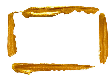 Watercolor gold paint smear stroke stain. Abstract gold glittering textured background.の写真素材