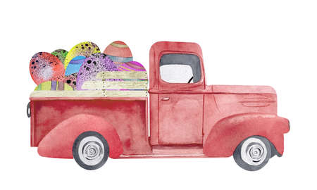 Watercolor Easter retro red retro truck illustration with eggs. Old car illustration for Easter card makingの写真素材