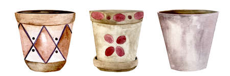 Watercolor garden plants and flowers pots. Background with various color flowerpots.の写真素材