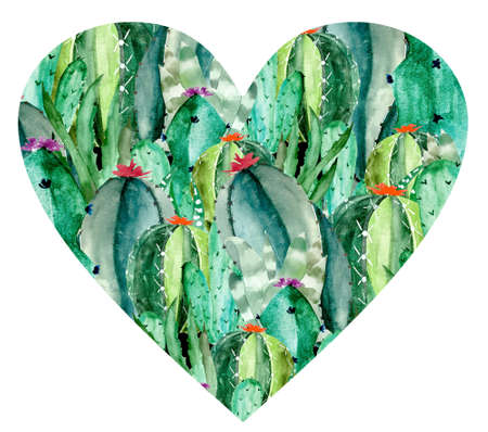 Watercolor cactus heart shape. Botanic illustration of succulent and cactiの写真素材