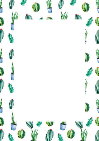 Watercolor illustration of frame background with cactus and succulent plants in pot. Watercolor cacti frameの写真素材