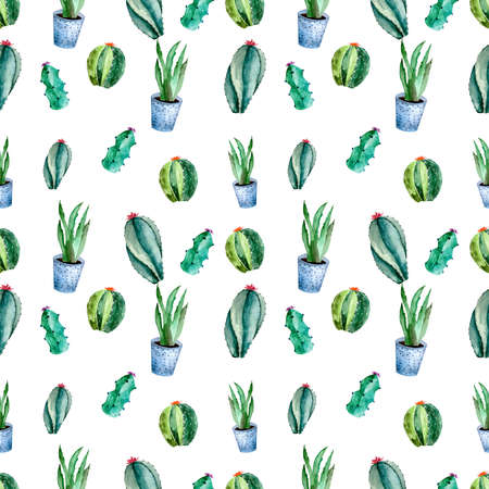 Watercolor seamless pattern with succulents and cactuses. Floral background.の写真素材