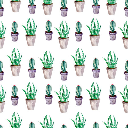 Watercolor seamless pattern with succulents and cactuses. Floral background.