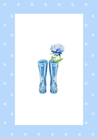 Watercolor greeting card with blue wellies and peony. Rubber boots with flowers and I love spring on white cardの写真素材