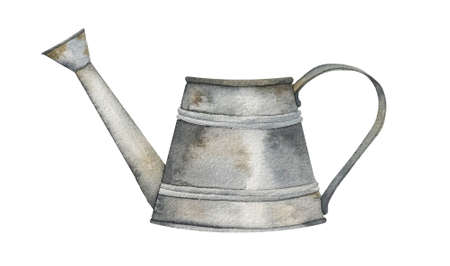 Watercolor illustration of vintage gardening rusty watering can for watering flowers.の写真素材