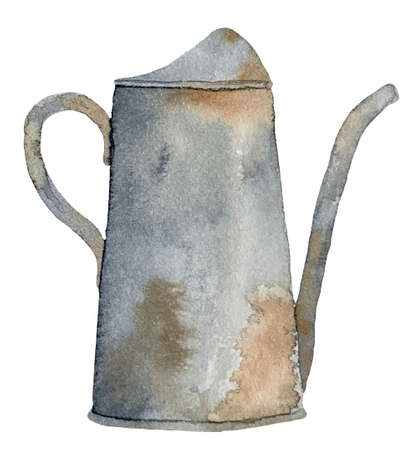 Watercolor illustration of vintage gardening rusty watering can for watering flowers.の写真素材