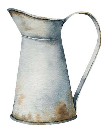 Watercolor illustration of vintage gardening rusty watering can for watering flowers.の写真素材