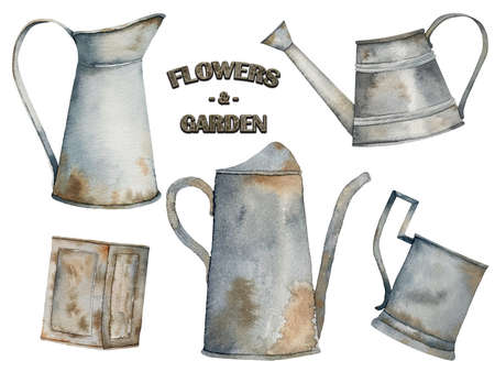 Watercolor illustration of vintage gardening rusty watering can for watering flowers.の写真素材