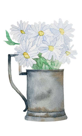Watercolor illustration of rusty watering can with a bouquet of flowerの写真素材