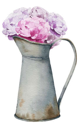 Watercolor illustration of rusty watering can with a bouquet of flowerの写真素材