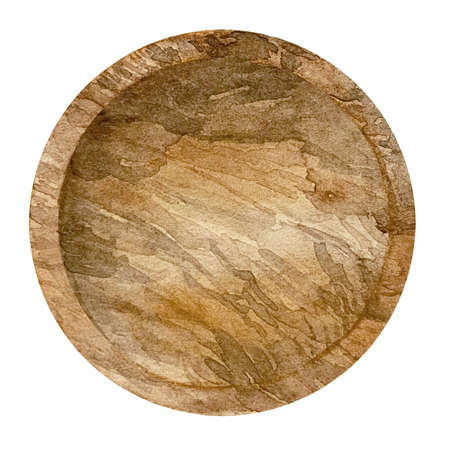 Watercolor set of culinary wooden brown cooking bowl for the kitchenの写真素材