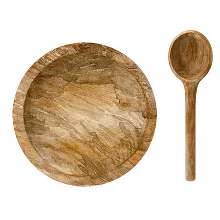 Watercolor set of culinary wooden brown cooking spoons and plate bowlの写真素材