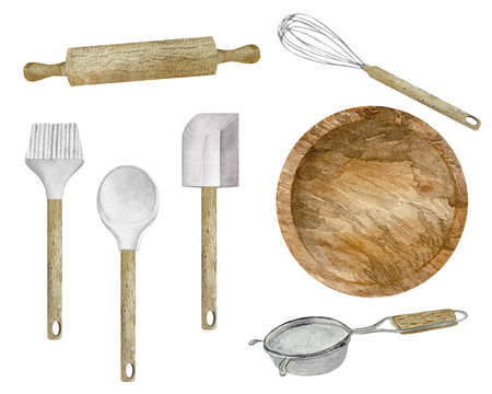 Watercolor logo of pastry shop with culinary spatula, whisk and plate on white background.の写真素材