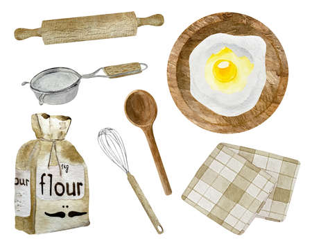 Watercolor wooden kitchen culinary utensils with flour and egg on white background.の写真素材