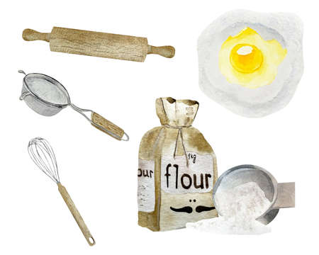Watercolor wooden kitchen culinary utensils with flour and egg on white background.の写真素材