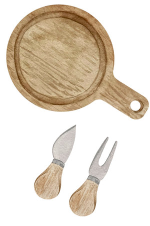 Watercolor set of culinary wooden brown cooking cutting boards and cheese knifes. Cheese serving kitchen utensilsの写真素材