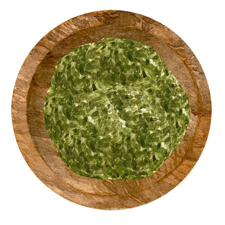 Watercolor illustration of dry green basil in wooden bowl. Kitchen spices and herbs set.の写真素材