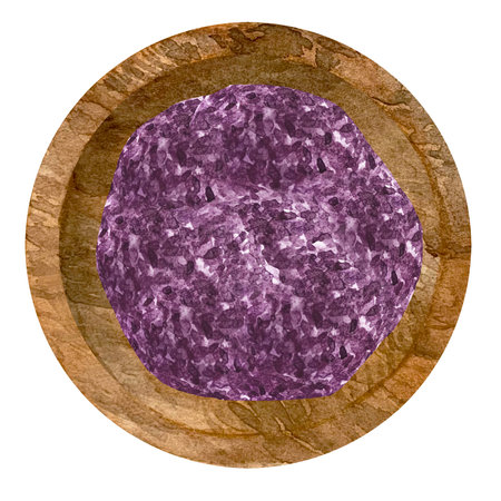 Watercolor illustration of dry purple basil in wooden bowl. Kitchen spices and herbs set.の写真素材