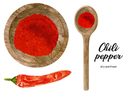 Watercolor illustration of fresh and dry red hot chili pepper in wooden bowl and spoon. Kitchen spices and herbs set.の写真素材