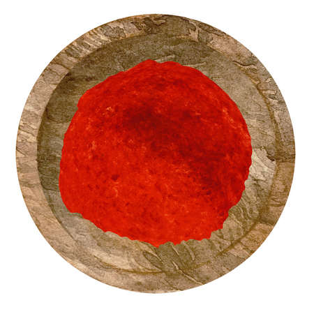 Watercolor illustration of dry red hot chili pepper in wooden bowl. Kitchen spices and herbs set.の写真素材