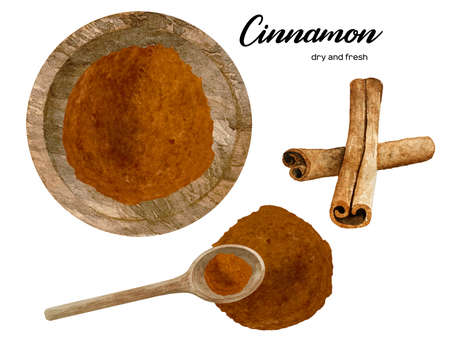Watercolor illustration of fresh and dry cinnamon in wooden bowl and spoon. Kitchen spices and herbs set.の写真素材