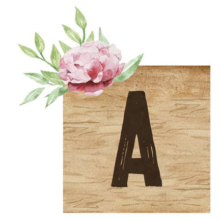 Watercolor illustration of wooden tile with capital letter A and flowers. Floral ABC, ornamental letter Aの写真素材