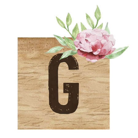Watercolor illustration of wooden tile with capital letter G and flowers. Floral ABC, ornamental letter Gの写真素材