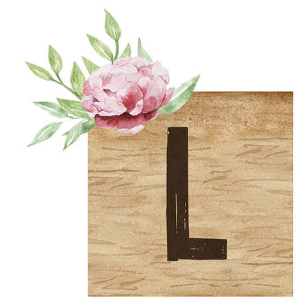 Watercolor illustration of wooden tile with capital letter L and flowers. Floral ABC, ornamental letter Lの写真素材