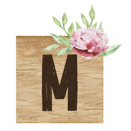 Watercolor illustration of wooden tile with capital letter M and flowers. Floral ABC, ornamental letter Mの写真素材