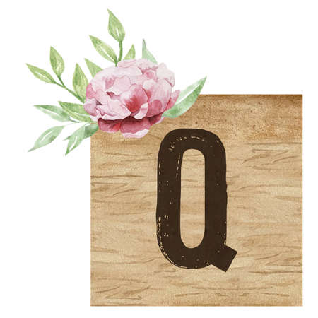 Watercolor illustration of wooden tile with capital letter Q and flowers. Floral ABC, ornamental letter Qの写真素材