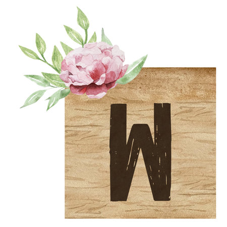 Watercolor illustration of wooden tile with capital letter W and flowers. Floral ABC, ornamental letter Wの写真素材