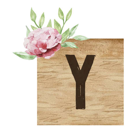 Watercolor illustration of wooden tile with capital letter Y and flowers. Floral ABC, ornamental letter Yの写真素材