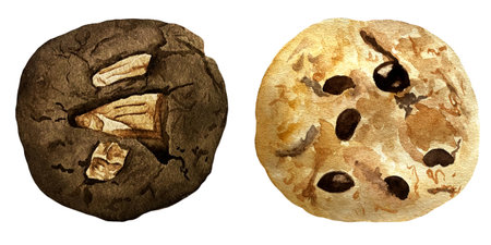 Watercolor illustration of dark and milk chocolate chip round cookiesの写真素材