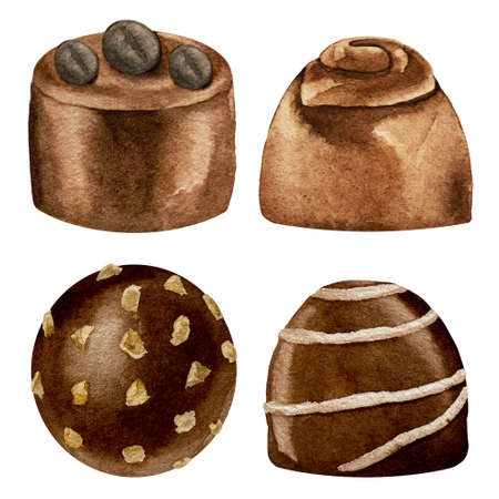 Watercolor illustration of realistic black dark bitter white milk chocolate candies in various shapes with nuts and coffee beansの写真素材