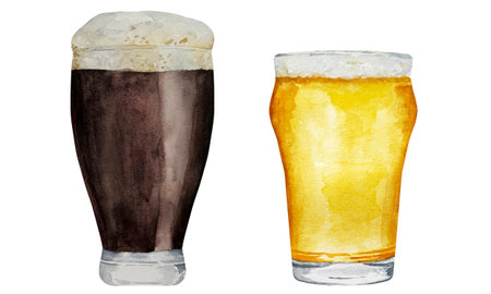 Watercolor illustration of glasses of fresh ale and light beer with foam isolated on whiteの写真素材