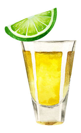Watercolor illustration of tequila shot with lime slice isolated on whiteの写真素材