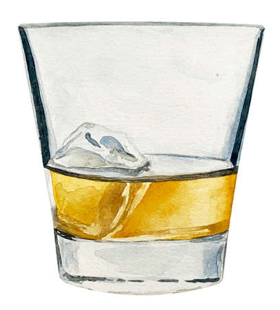 Watercolor illustration of scotch whisky glass with alcohol and ice cube isolated on whiteの写真素材