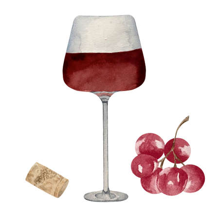 Watercolor illustration of high glass of red wine with grapes isolated on whiteの写真素材